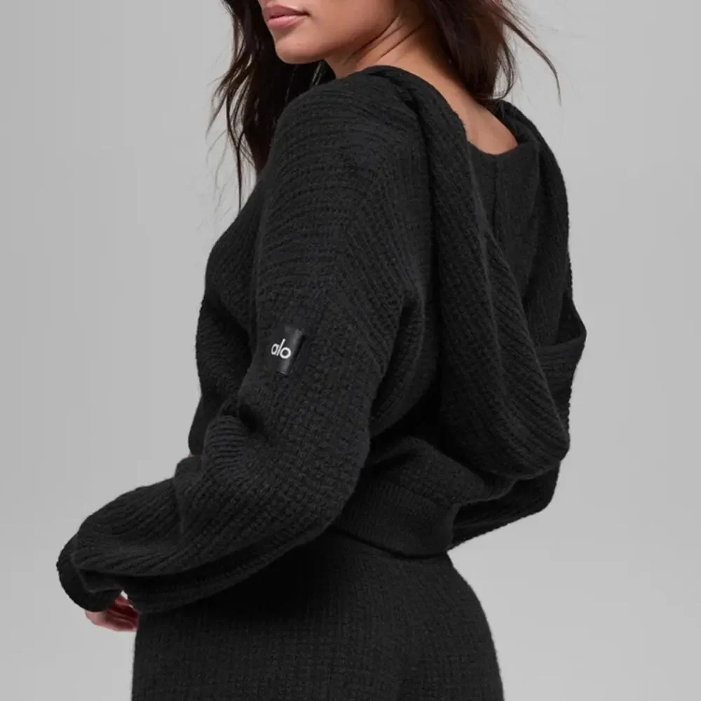 Alo Yoga Cashmere Plush Waffle Full Zip Hoodie Black Size Small $348 EUC Crop - Picture 2 of 16